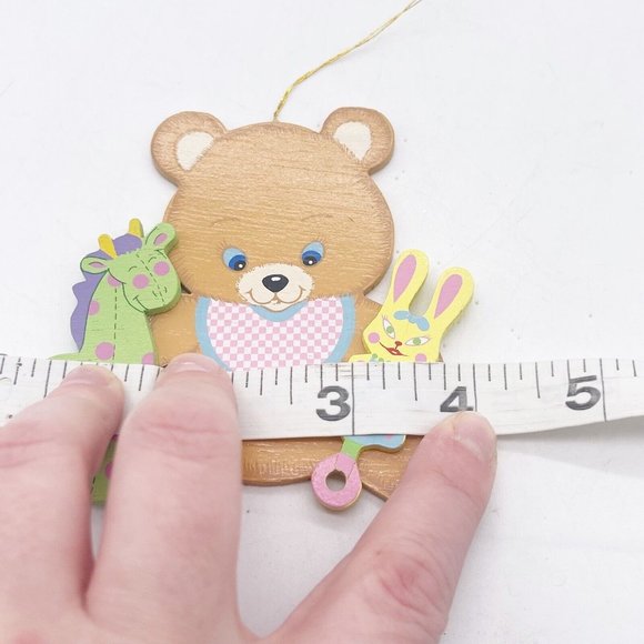 Vintage Wooden Teddy Bear Oranament Holding Rattle Horse Pastel Colors 4" Taiwan - Picture 5 of 8